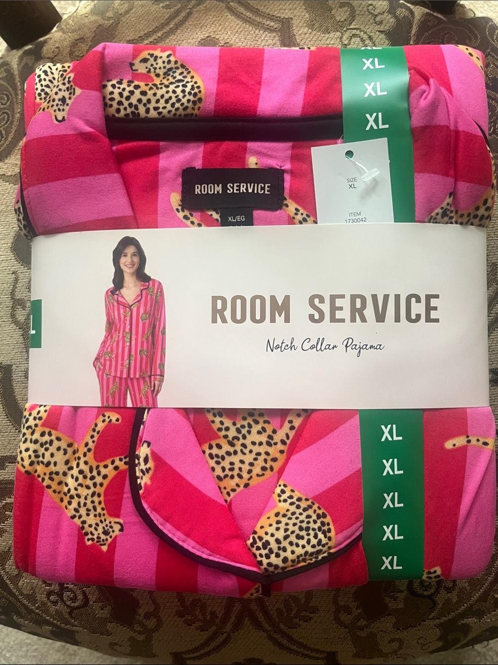Room Service Pink Leopard-Print Notch Collar Pajama Set, XL
